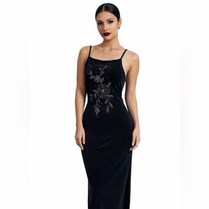 Vintage 90s 1990s Velvet Beaded Floral Dress Size Large Black Slit Prom Formal #